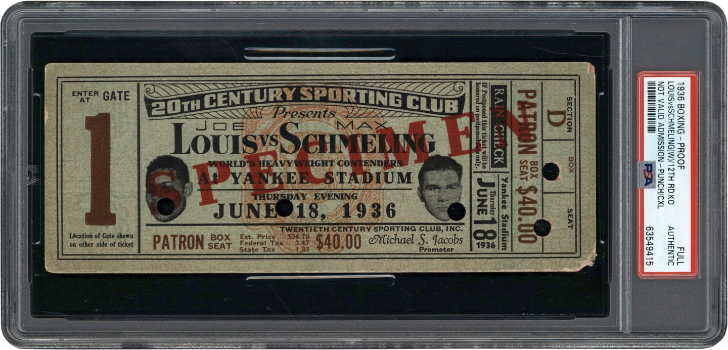 - 1936 Joe Louis vs. Max Schmeling Full Ticket Proof (PSA)