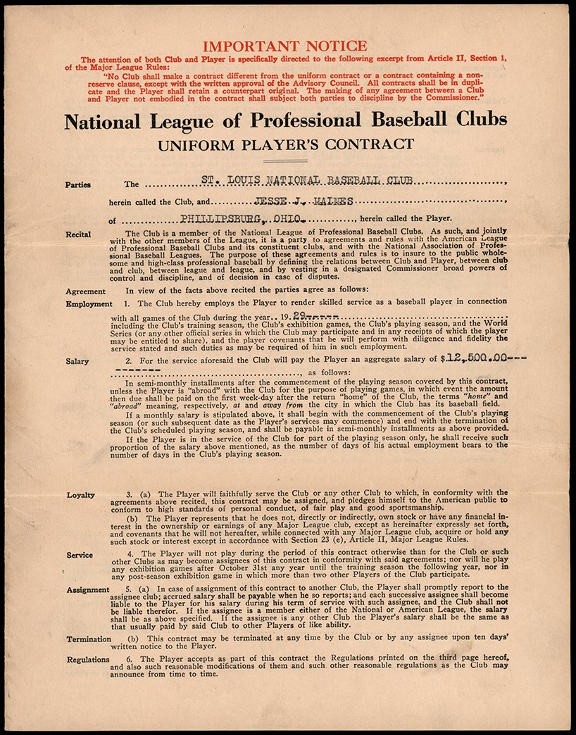 Baseball Autographs - 1929 Jesse Haines St. Louis Cardinals Uniform Player Contract (JSA)