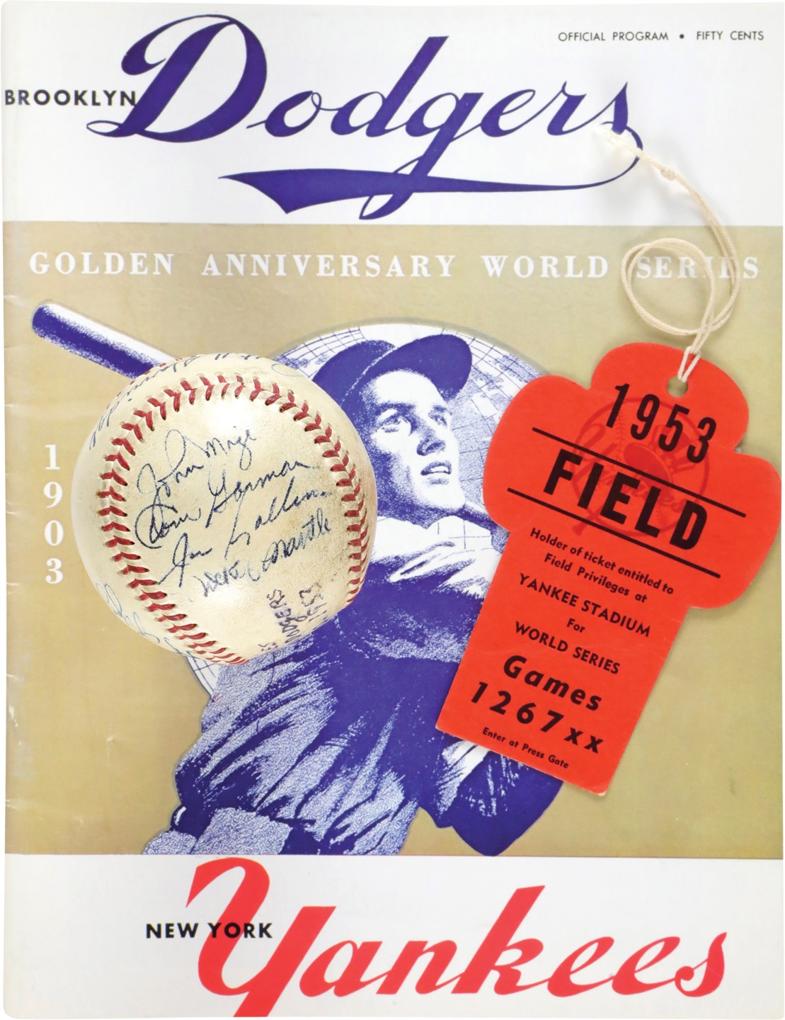 Baseball Autographs - 1953 World Series Game 1 Signed Game Used Baseball w/Jackie Robinson & Mantle (11 Autos) w/Original Owner's Program and Field Pass (PSA & MEARS)