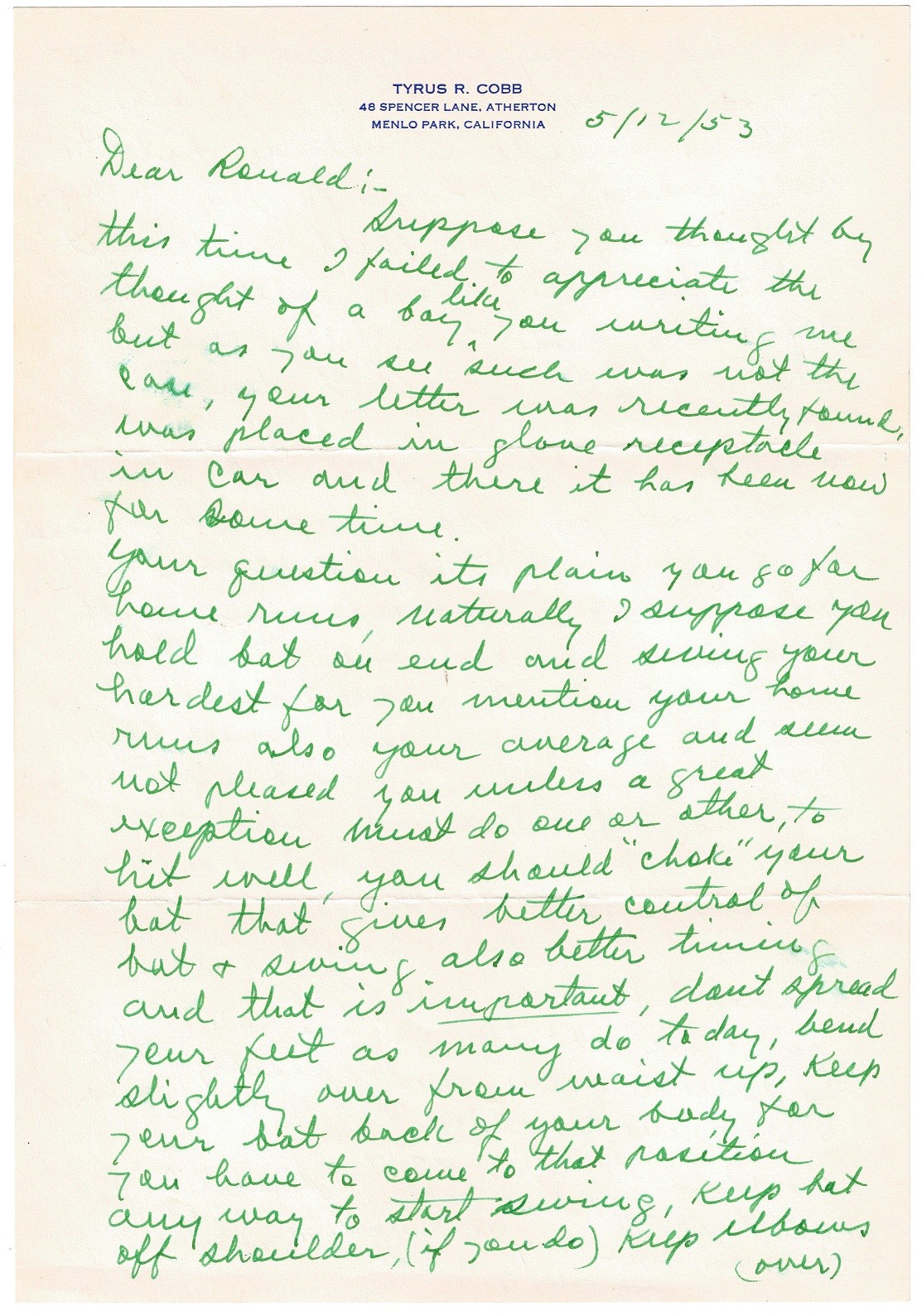 Gorgeous 1953 Ty Cobb Signed Handwritten Letter with Fabulous Hitting Advice Content (JSA)