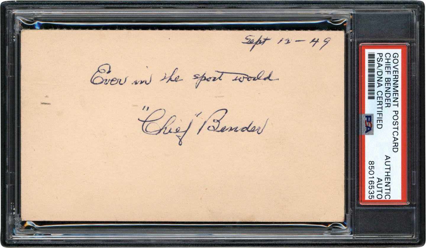 Baseball Autographs - 1949 Chief Bender Signed Government Postcard (PSA)