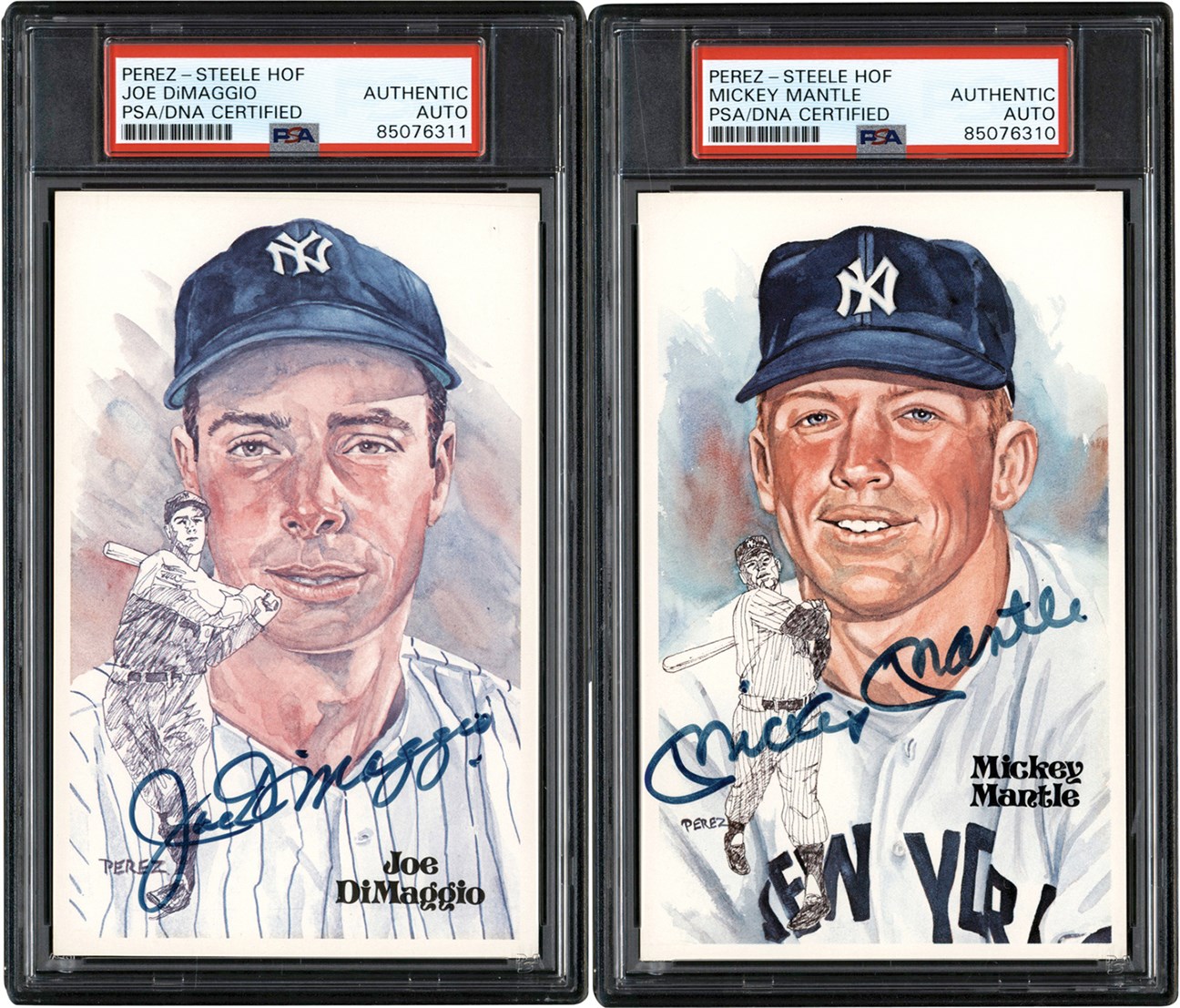 Baseball Autographs - Perez Steele Signed Mantle & DiMaggio Hall of Fame Plaque Postcard Duo (PSA)