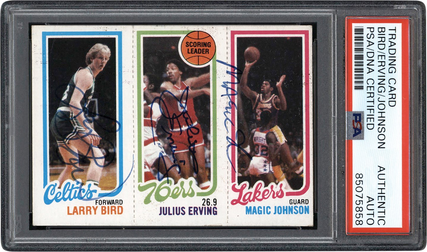 Basketball Cards - 1980-81 Topps Basketball #6 Triple-Signed Larry Bird Julius Erving & Magic Johnson Rookie Card PSA Authentic Auto