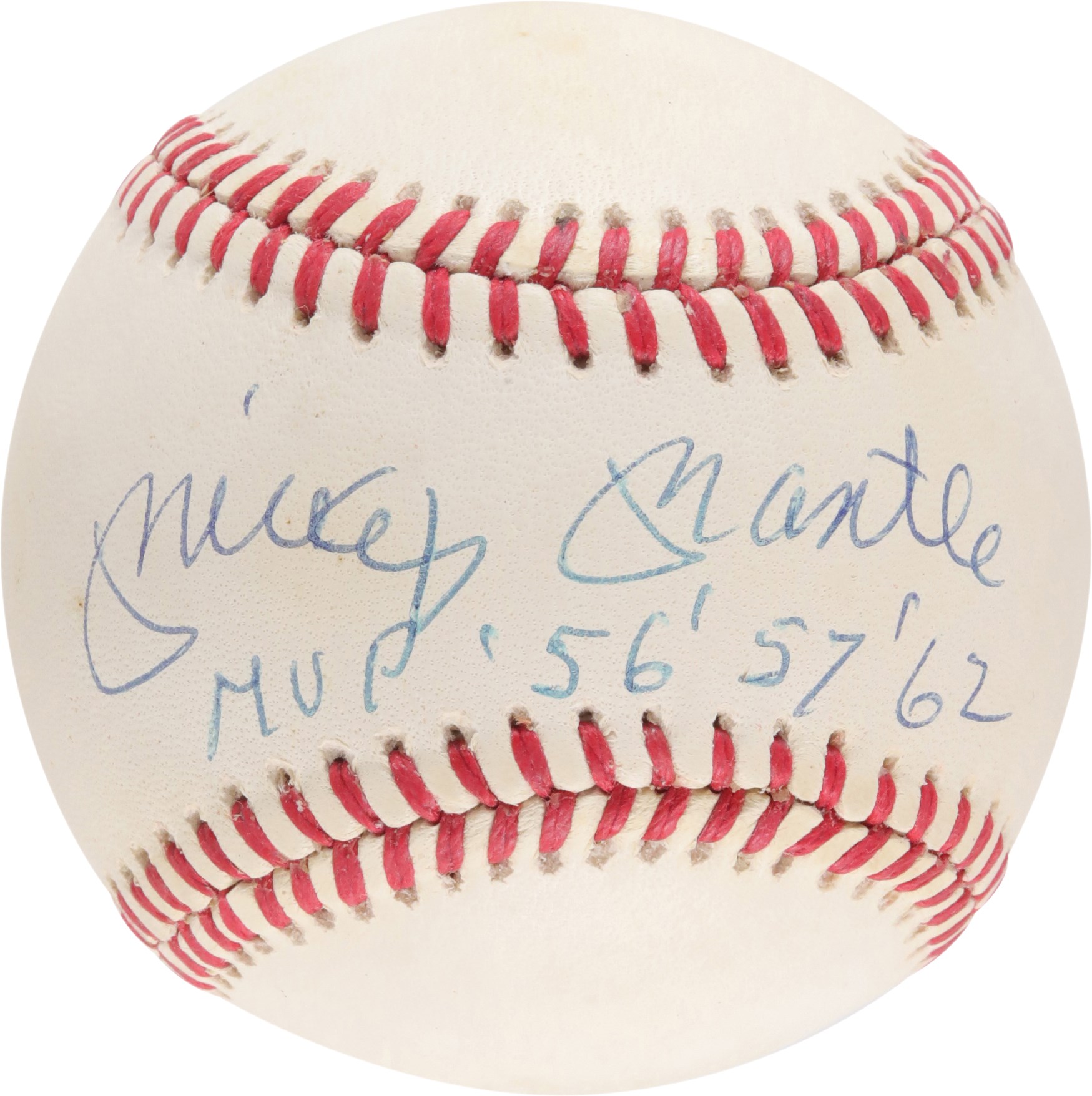 Baseball Autographs - Mickey Mantle "MVP '56 '57 '62" Single-Signed Baseball (PSA)