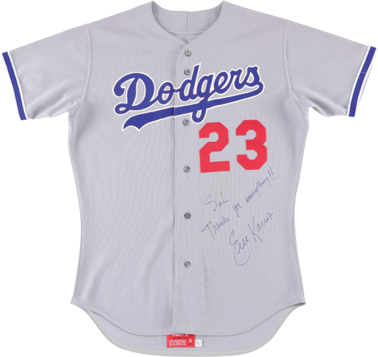 Baseball Equipment - 1992 Eric Karros Rookie of the Year Los Angeles Dodgers Game Worn Jersey - Signed to Sal LaRocca