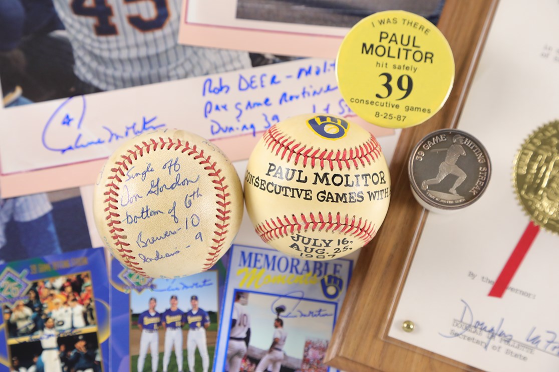 Baseball Equipment - 1987 Paul Molitor 39th Consecutive Game Hit Ball w/Other Memorabilia (Molitor Letter)