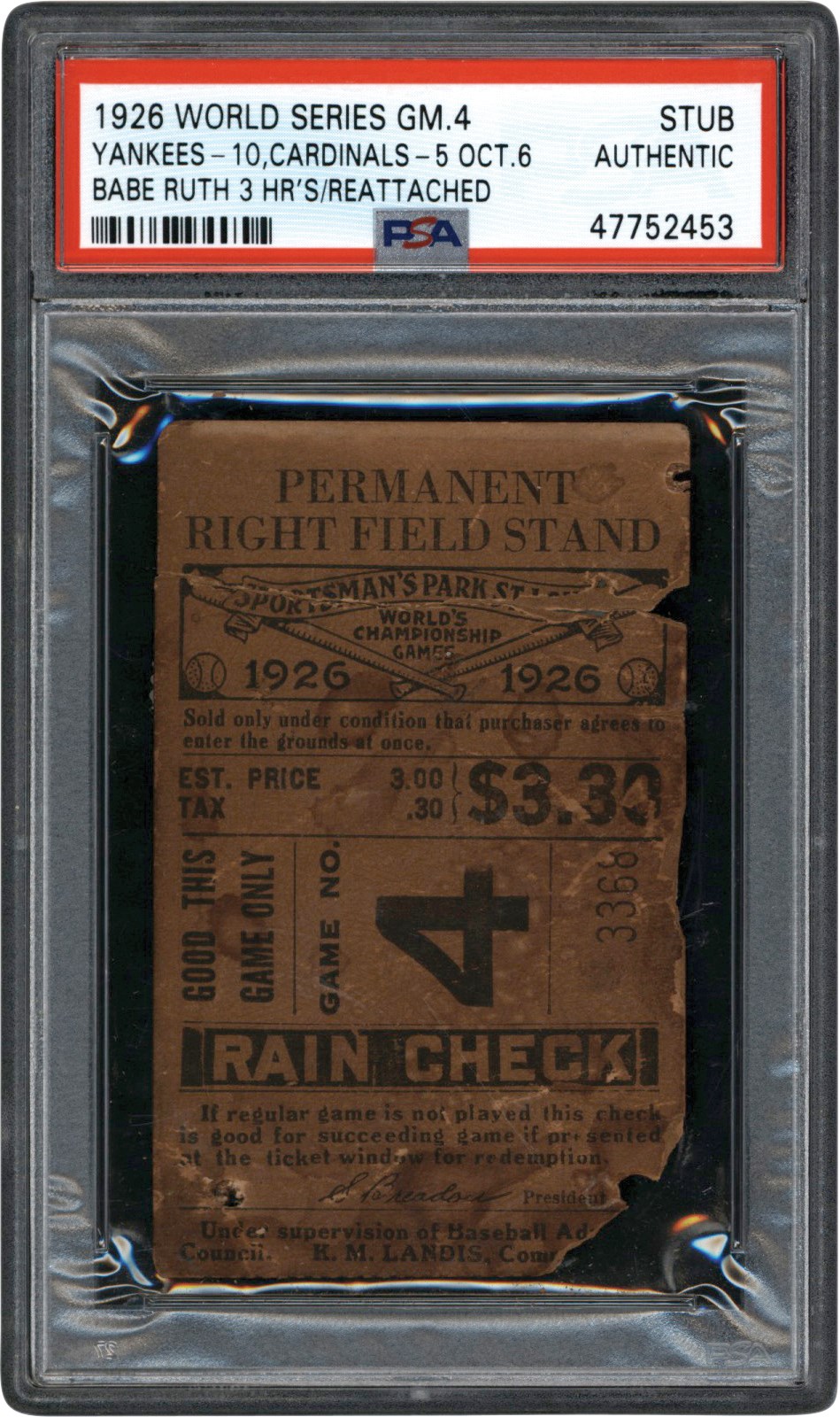 Ruth and Gehrig - 1926 World Series Game 4 Ticket Stub - Babe Ruth Hits 3 Home Runs "Johnny Sylvester Game" PSA Authentic