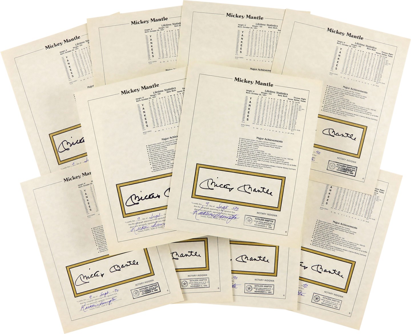 Baseball Autographs - Mickey Mantle Signed Notarized Stat Sheets (10)
