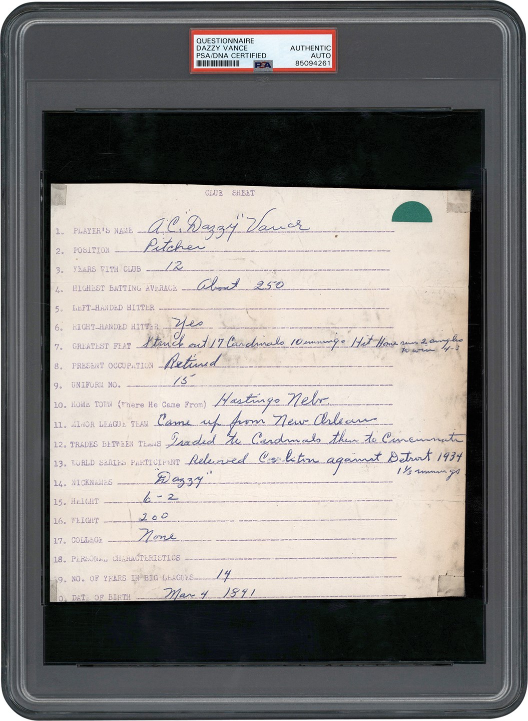 Baseball Autographs - Dazzy Vance Twice-Signed Handwritten Questionnaire (PSA)