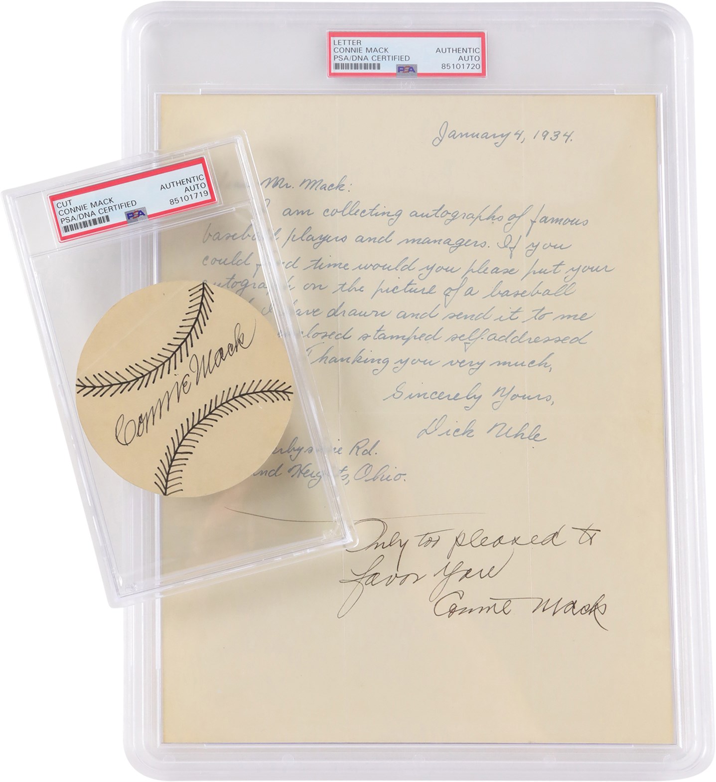 Baseball Autographs - 1934 Connie Mack Signed Letter and "Baseball" Cutout (PSA)