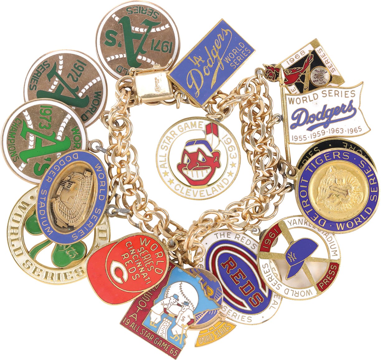 Baseball Awards - Charles O. Finley's 1960s-70s World Series and All Star Game Gold Charm & Press Pin 14k Gold Bracelet