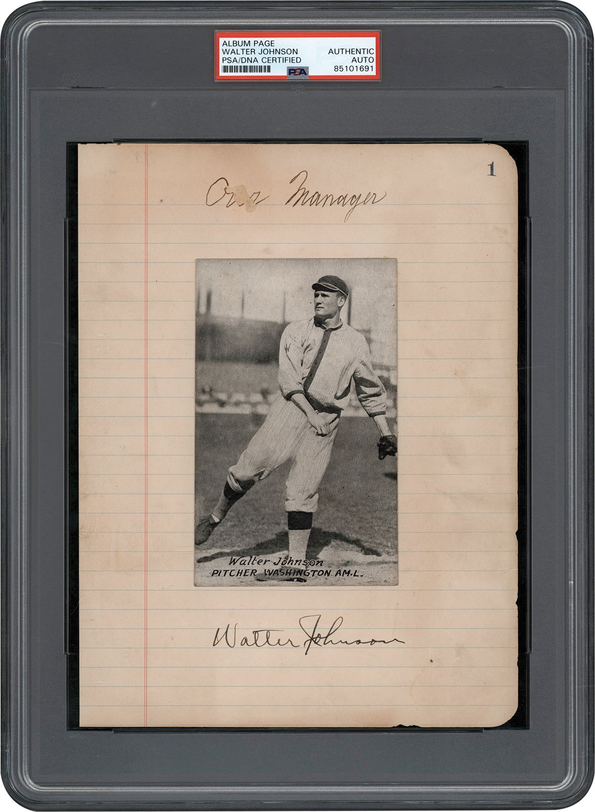 Baseball Autographs - Walter Johnson Signed Album Page w/1926 Exhibit Card (PSA)
