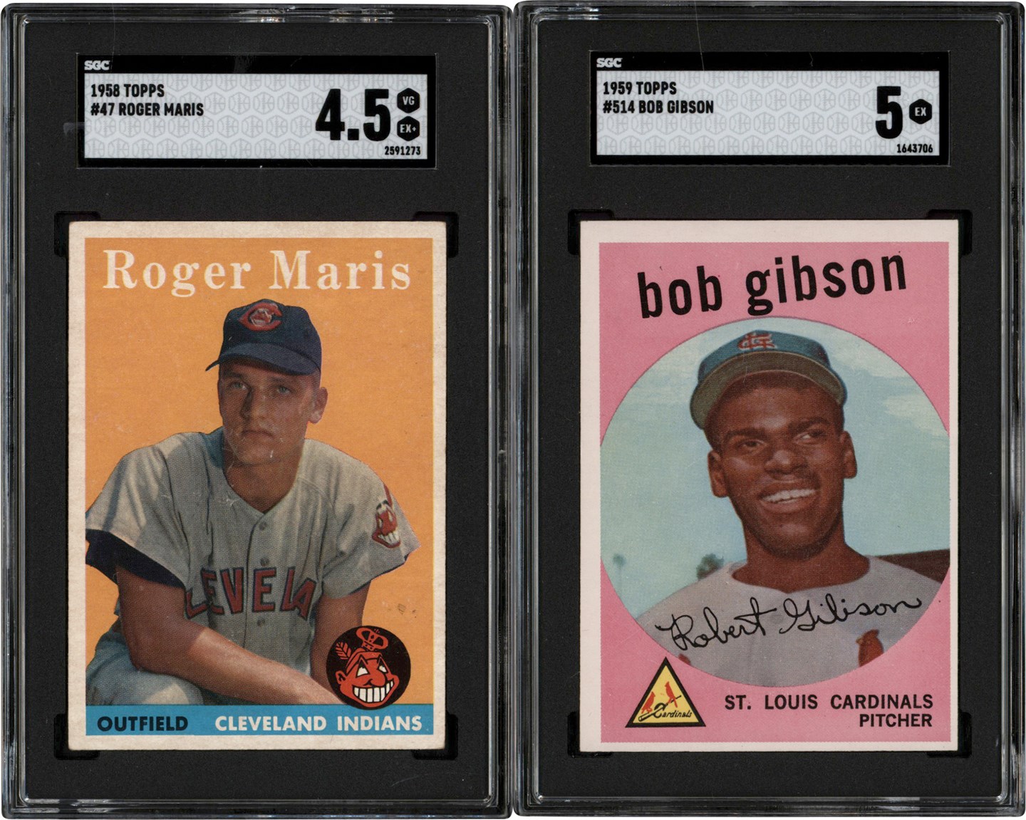 1958 & 1959 Topps Baseball Hall of Fame Rookie Duo w/Roger Maris & Bob Gibson (2)