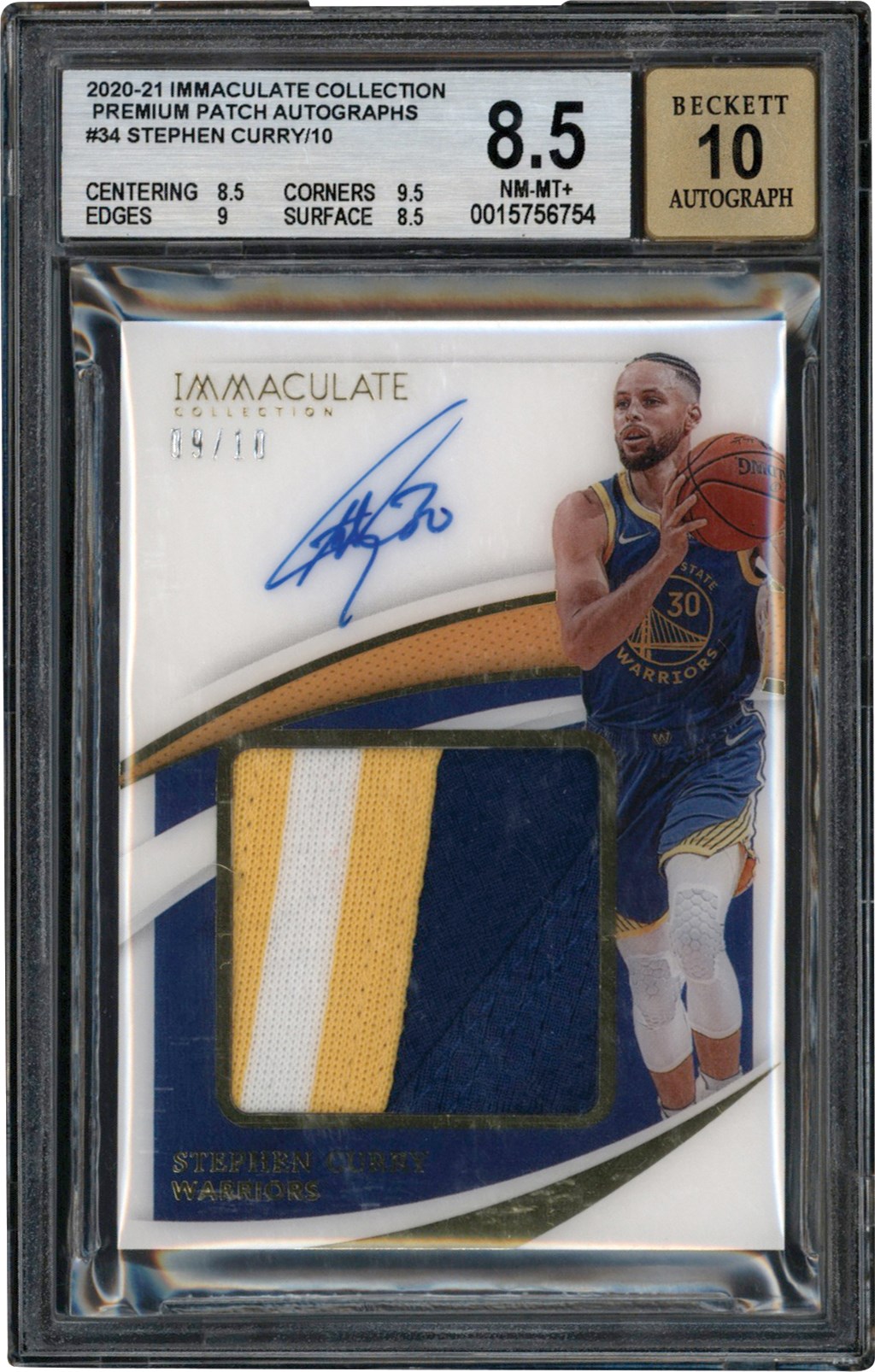 Basketball Cards - 2020-2021 Immaculate Collection Basketball Premium Patch #34 Stephen Curry Game Used Patch Autograph #9/10 BGS NM-MT+ 8.5 Auto 10