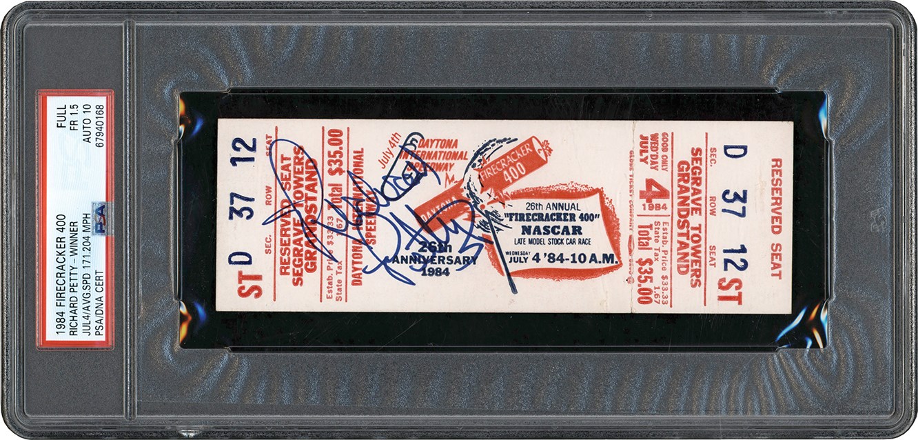 - 7/4/84 Richard Petty 200th Win Signed Full Ticket PSA FR 1.5 Auto 10 (Pop 1 - None Higher)