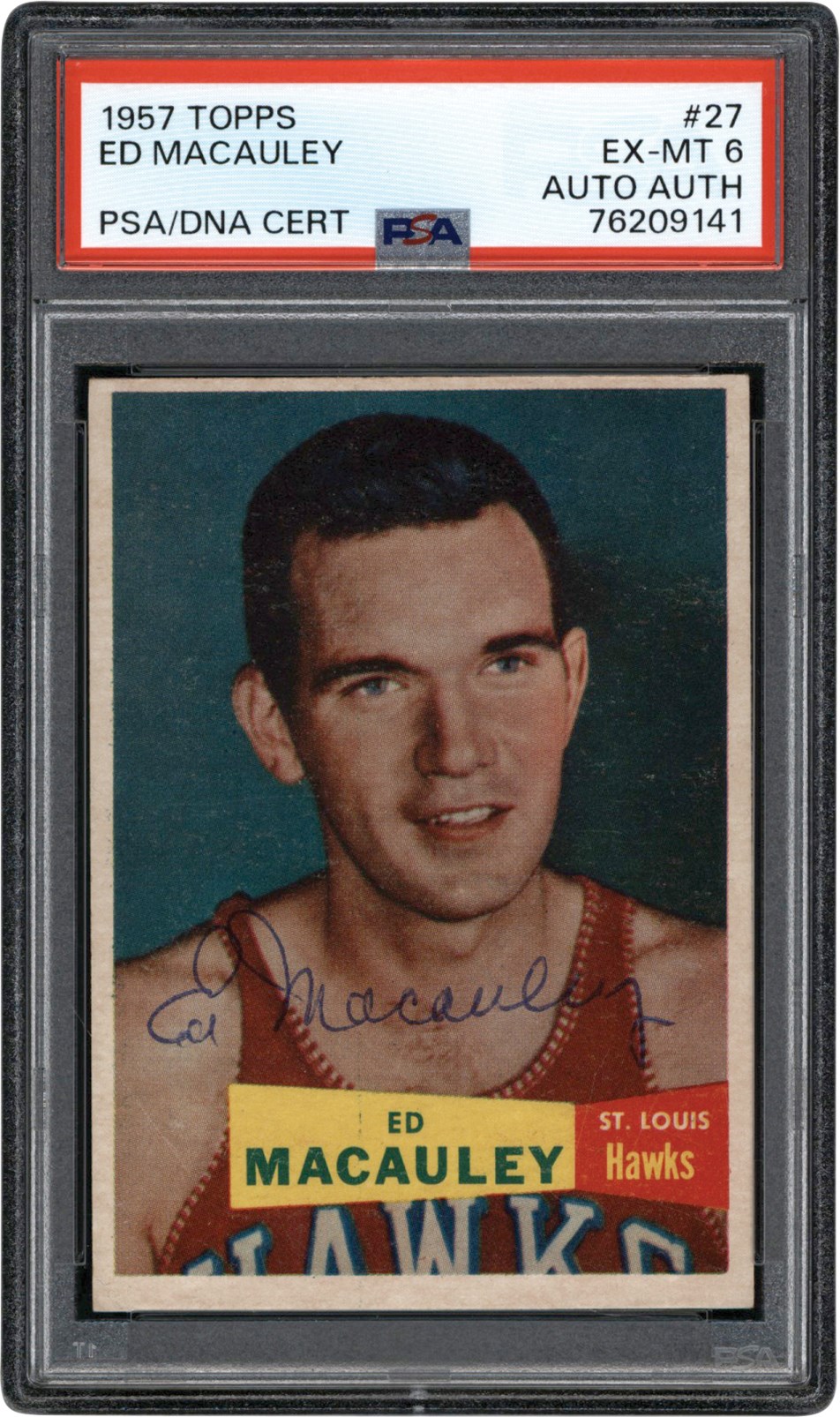Basketball Cards - 1957 Topps Basketball #27 Ed Macauley Signed Rookie Card PSA EX-MT 6 Auto Auth (Pop 1 of 2 - Highest Graded)