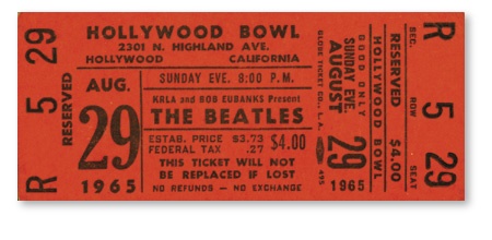 Beatles Tickets - 1965 Beatles Hollywood Bowl Full Unused Ticket