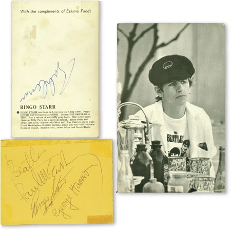 - John Lennon Signed Eskimo Foods Card & Beatles Signed Album Page