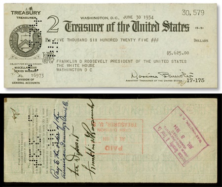 - 1934 Franklin D. Roosevelt Signed Presidential Payroll Check