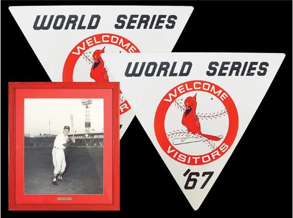 - Large Stan Musial Photograph from Sportsman’s Park and (2) 1967 World Series Signs from Busch Stadium