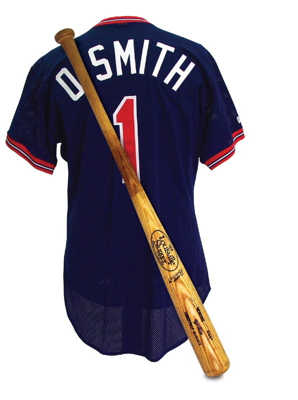 - 1984-85 Ozzie Smith Game Used Bat (35”) and 1993 Batting Practice Jersey