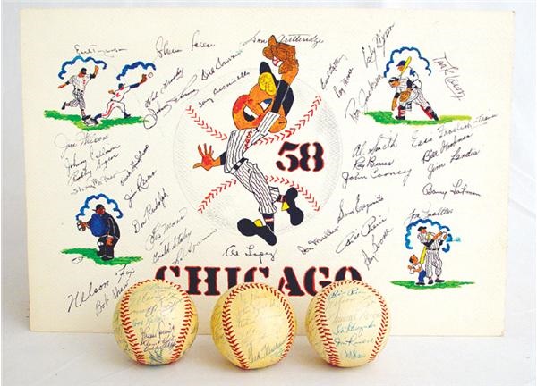 - Nellie Fox Team Signed Baseballs (3) and 1958 Signed Team Sheet