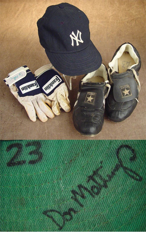 - Don Mattingly Signed Game Used  Hat, Spikes & Batting Gloves