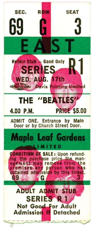 - 1966 Beatles Toronto Maple Garden Full Unused Ticket