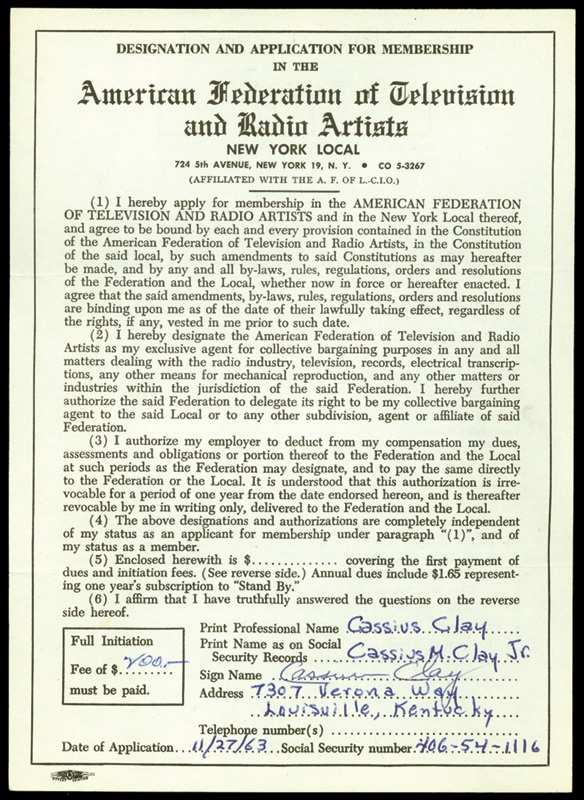 - Cassius Clay Signed A.F.T.R.A. Contract (6x8.5")