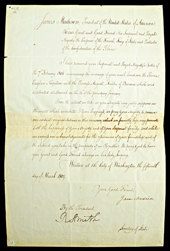 - 1809 James Madison Signed Handwritten Letter to Napoleon (10x16")