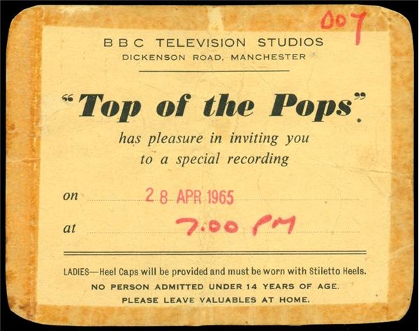 - The Beatles 1965 Recording Studio Pass (2.5x4.5")