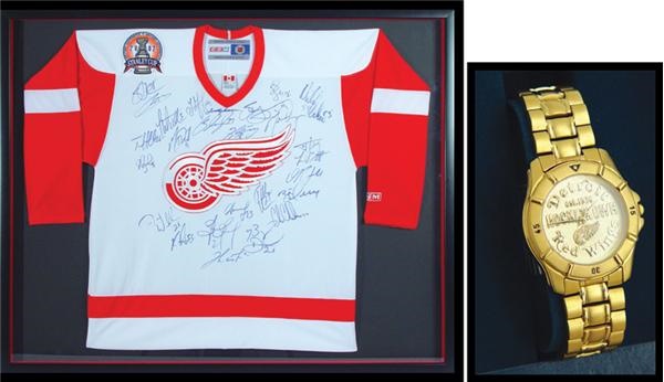 - 2002 Detroit Red Wings Stanley Cup Team Signed Jersey and Presentation Watch