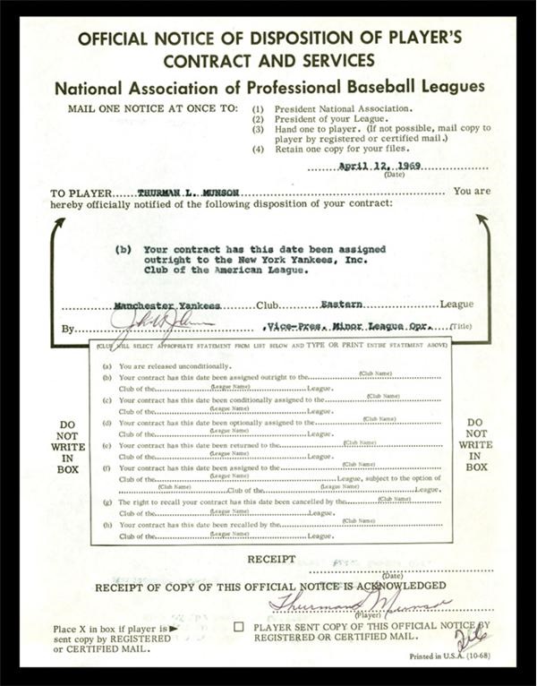 NY Yankees, Giants & Mets - Thurman Munson's First Signed Contract