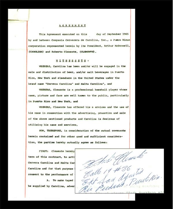 - 1965 Roberto Clemente Signed Carolina Beer Contract