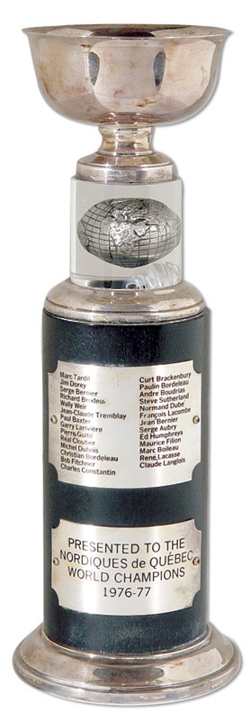 - Andre Boudrias’ 1976-77 World Hockey Association Avco Cup Trophy (13” tall)