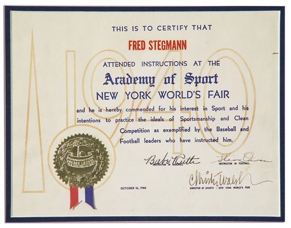 - 1940 Babe Ruth New York World's Fair Signed Certificate (11x9")