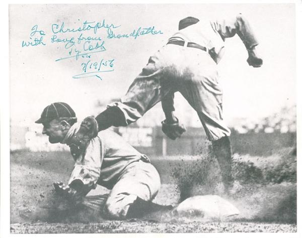 Ty Cobb - Ty Cobb Sliding Into Third Signed Photo from the Christopher Cobb Collection (8x10”)