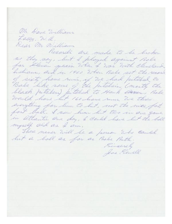 - Joe Sewell Racist Babe Ruth Letter & 1927 Waite Hoyt Yankees Letter