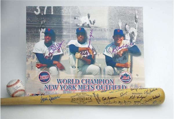 - 1969 New York Mets Signed Bat, Ball & Photo (16x20")