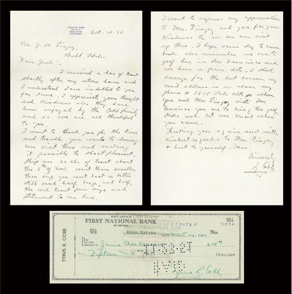 Baseball Autographs - Ty Cobb Handwritten Letter & Signed Check