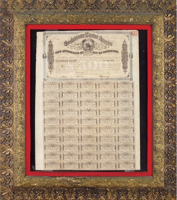 - 1864 Confederate Bearer Bond Loan with Coupons Attached