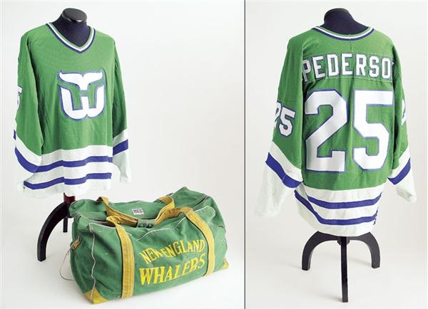 - 1990-91 Barry Pederson Game Worn Jersey & WHA New England Whalers Equipment Bag