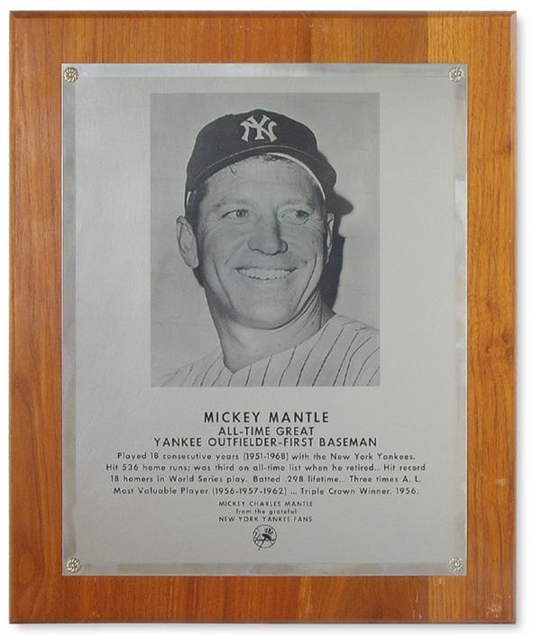 The Mickey Mantle Estate - Mickey Mantle Plaque Dedicated from Grateful New York Yankee Fans