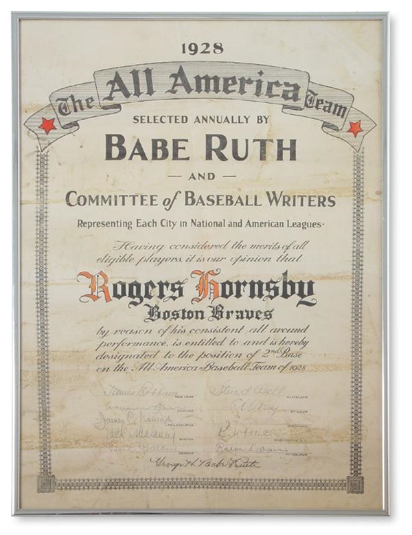 Baseball Autographs - Rogers Hornsby 1928 All America Babe Ruth Team Certificate