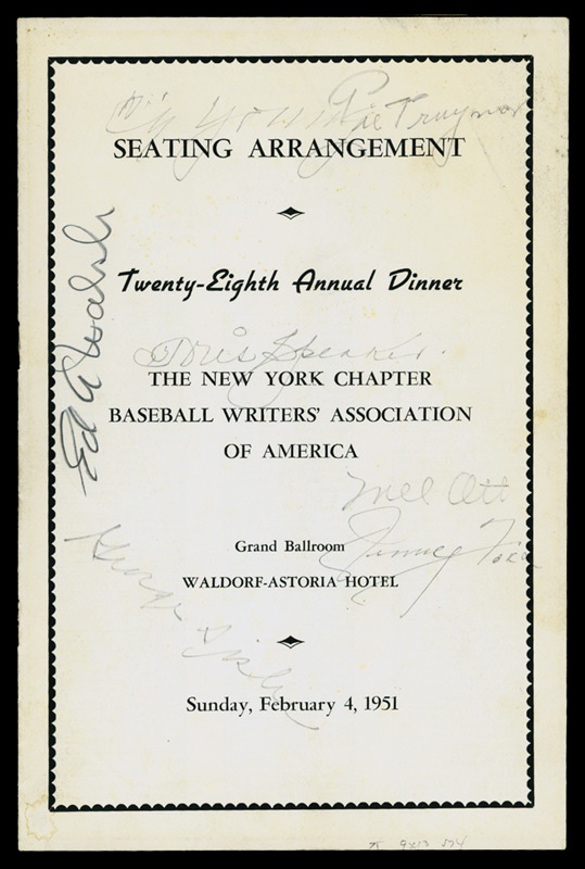 Baseball Autographs - 1951 Dinner Program Signed by Foxx, Ott, Walsh, Speaker, etc.