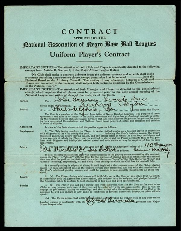 - 1935 Cole’s American Giants Negro League Contract