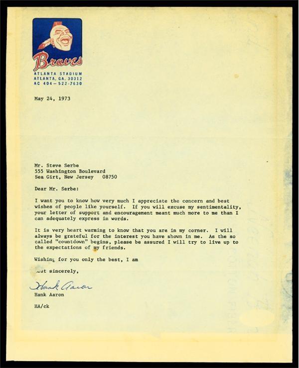Baseball Autographs - Historic Hank Aaron Letter (8"x10")