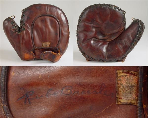 Baseball Equipment - Circa 1915 Rube Bressler Game Worn Glove Presented to Larry Ritter