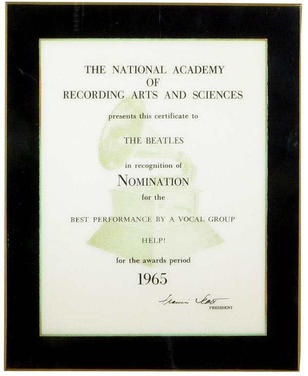 - 1965 The Beatles Grammy Nomination Plaque