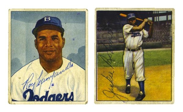 Dodgers - Jackie Robinson and Roy Campanella Signed 1950 Bowman Baseball Cards (2)